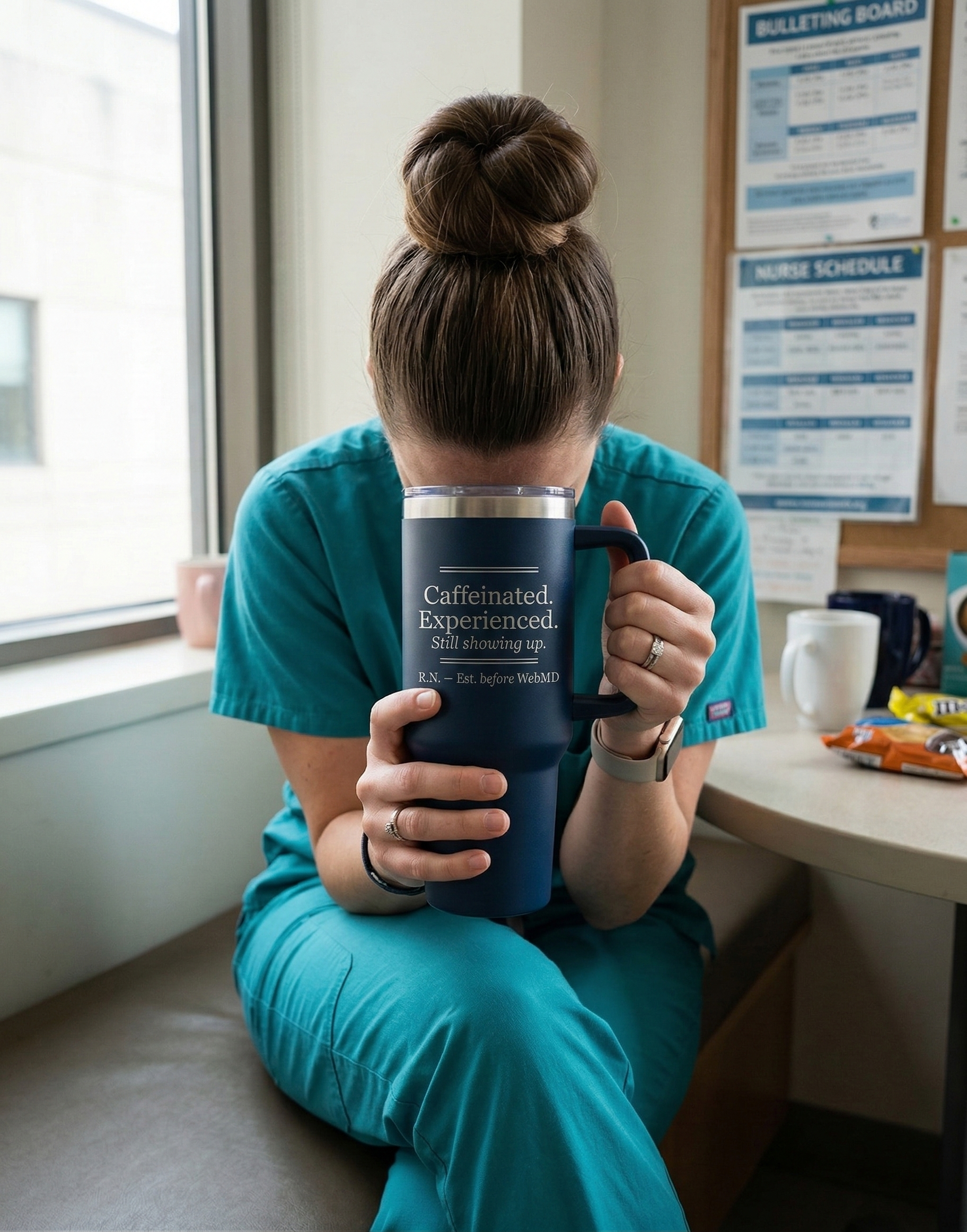 Person in teal scrubs holding a blue mug with text, sitting by a window.