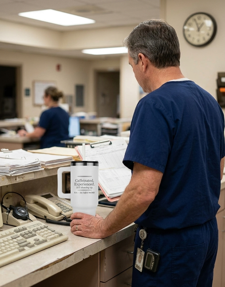 Person in blue scrubs standing at a desk in a medical office setting