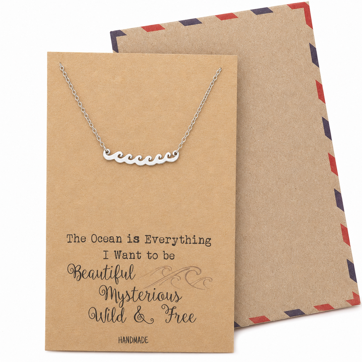 Anya Ocean Necklace Wave Charm Pendant for Women, Inspirational Quote on Greeting Card, Silver Tone
