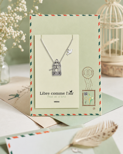 Aya Bird Cage with Key and Bird Charms Necklace, Womens Necklace, Gift for Women
