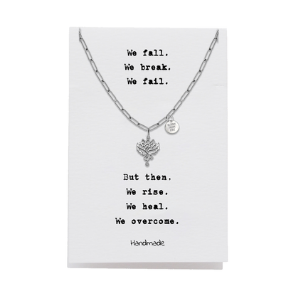 Quinnlyn & Co. Phoenix Flower Pendant Necklace with Paperclip Chain, Handmade Gifts for Women with Inspirational Quote on Greeting Card