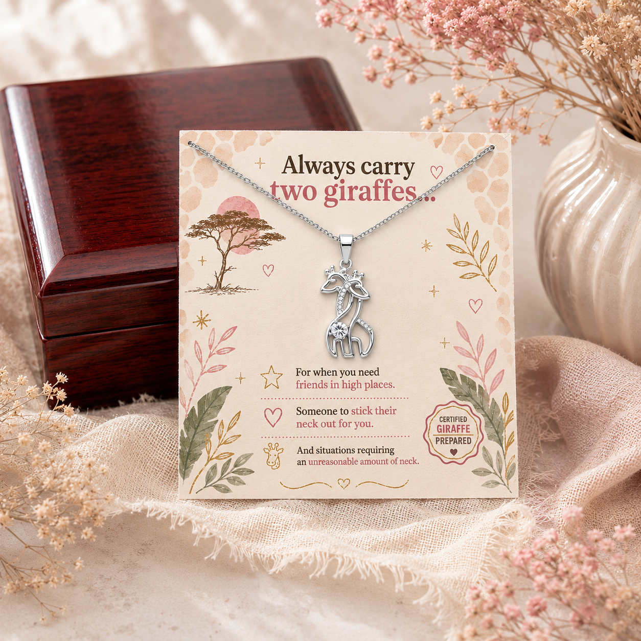 Always Carry Two Giraffes Necklace | Funny Friendship Gift for Best Friends, Sisters & Giraffe Lovers