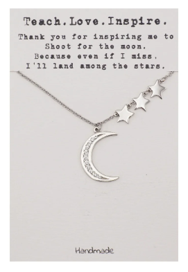 Quinnlyn & Co. 3 Stars and Crescent Moon Pendant Necklace, Teacher's Day Appreciation Gifts with Inspirational Quote on Greeting Card