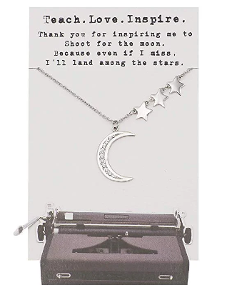 Quinnlyn & Co. 3 Stars and Crescent Moon Pendant Necklace, Teacher's Day Appreciation Gifts with Inspirational Quote on Greeting Card