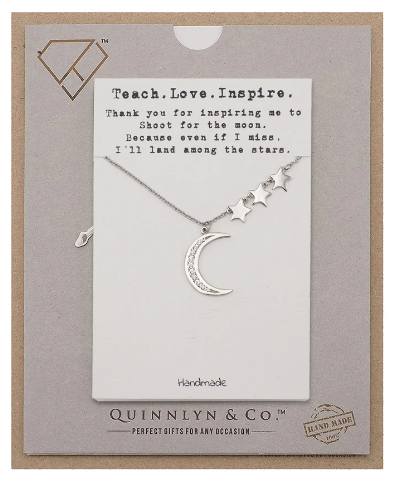 Quinnlyn & Co. 3 Stars and Crescent Moon Pendant Necklace, Teacher's Day Appreciation Gifts with Inspirational Quote on Greeting Card