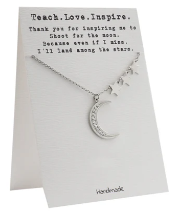 Quinnlyn & Co. 3 Stars and Crescent Moon Pendant Necklace, Teacher's Day Appreciation Gifts with Inspirational Quote on Greeting Card