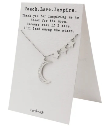 Quinnlyn & Co. 3 Stars and Crescent Moon Pendant Necklace, Teacher's Day Appreciation Gifts with Inspirational Quote on Greeting Card