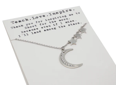 Quinnlyn & Co. 3 Stars and Crescent Moon Pendant Necklace, Teacher's Day Appreciation Gifts with Inspirational Quote on Greeting Card