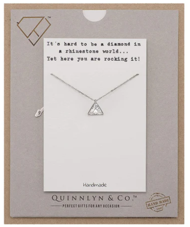 Quinnlyn & Co. CZ Solitaire in Triangle Shape Pendant Necklace, Handmade Gifts for Women with Inspirational Quote on Greeting Card