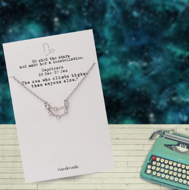 Quinnlyn & Co. Capricorn Zodiac Pattern Swarovzki Pendant Necklace, Birthday Gifts for Women, Teens and Girls with Inspirational Greeting Card