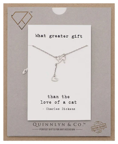 Quinnlyn & Co. Lorie Cat with Hanging Heart Pendant Necklace, Handmade Gifts for Women with Inspirational Quote on Greeting Card