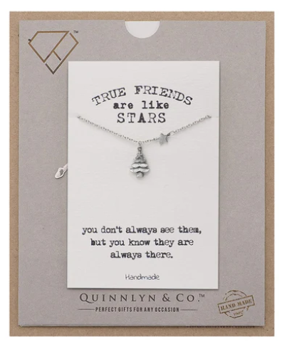 Quinnlyn & Co. Enid Christmas Tree and Star Pendant Necklace, Handmade Gifts for Women with Inspirational Quote on Greeting Card