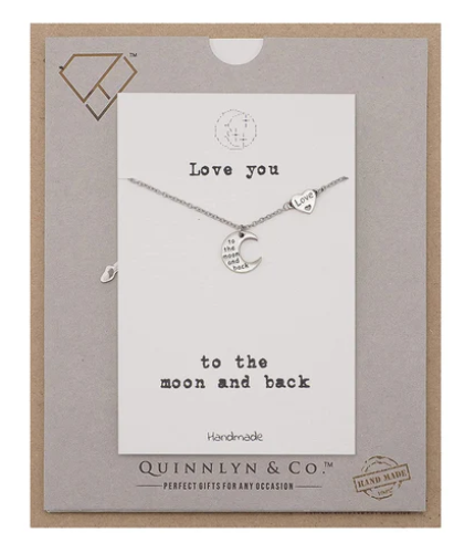 Quinnlyn & Co. Harold Engraved Heart Moon Pendant Necklace, Handmade Gifts for Women with Inspirational Quote on Greeting Card