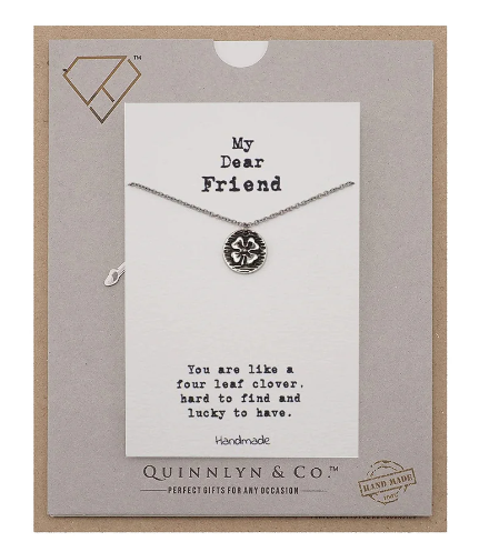 Quinnlyn & Co. Maeve Four Leaf Clover on Circle Pendant Necklace, Handmade Gifts for Women with Inspirational Quote on Greeting Card