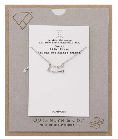 Quinnlyn & Co. Agatha Gemini Zodiac Pattern Swarovzki Pendant Necklace, Birthday Gifts for Women, Teens and Girls with Inspirational Greeting Card