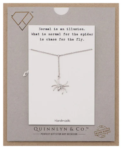 Quinnlyn & Co. Hanging Spiderman Pendant Necklace, Gifts for Women with Inspirational Quote on Greeting Card