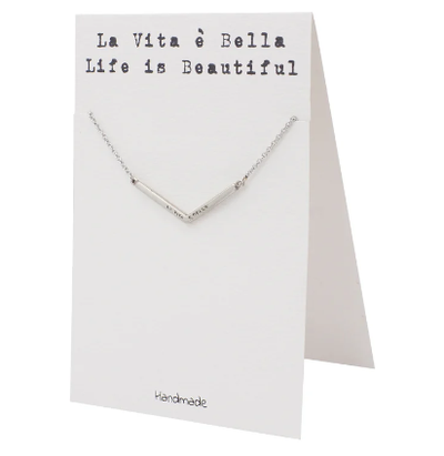 Quinnlyn & Co. La Vita e Bella Engraved Chevron Pendant Necklace, Handmade Gifts for Women with Inspirational Quote on Greeting Card