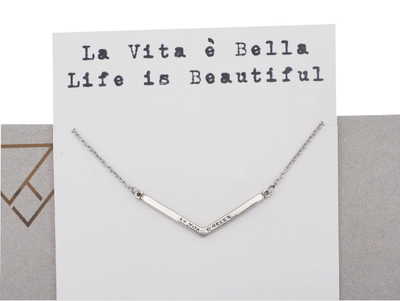 Quinnlyn & Co. La Vita e Bella Engraved Chevron Pendant Necklace, Handmade Gifts for Women with Inspirational Quote on Greeting Card