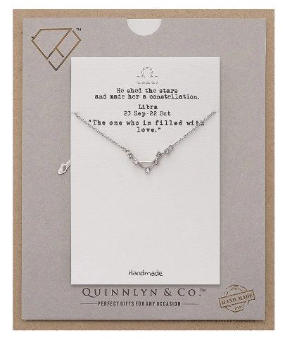 Quinnlyn & Co. Agatha Libra Zodiac Pattern Swarovzki Pendant Necklace, Birthday Gifts for Women, Teens and Girls with Inspirational Greeting Card