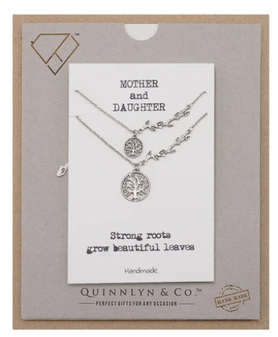 Quinnlyn & Co. Mother Daughter Tree of Life with Branch Pendant Set of 2 Necklaces, Handmade Gifts for Women with Inspirational Quote on Greeting Card