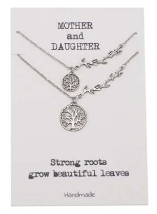 Quinnlyn & Co. Mother Daughter Tree of Life with Branch Pendant Set of 2 Necklaces, Handmade Gifts for Women with Inspirational Quote on Greeting Card