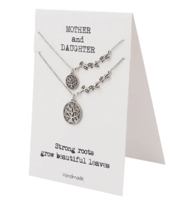 Quinnlyn & Co. Mother Daughter Tree of Life with Branch Pendant Set of 2 Necklaces, Handmade Gifts for Women with Inspirational Quote on Greeting Card