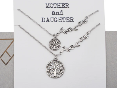 Quinnlyn & Co. Mother Daughter Tree of Life with Branch Pendant Set of 2 Necklaces, Handmade Gifts for Women with Inspirational Quote on Greeting Card