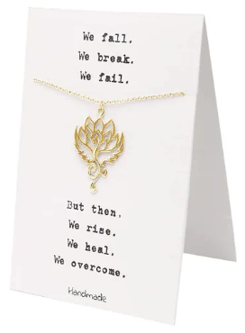 Quinnlyn & Co. Phoenix Flower Pendant Necklace in Gold Tone, Handmade Gifts for Women with Inspirational Quote on Greeting Card