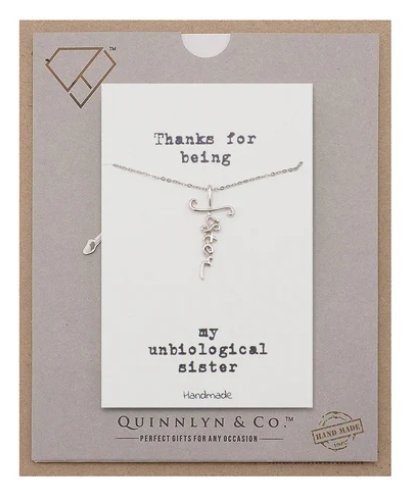 Quinnlyn & Co. Elizabeth Sister Cursive Cross Pendant Necklace, Handmade Gifts for Women with Inspirational Quote on Greeting Card