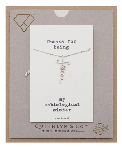 Quinnlyn & Co. Sister Cursive Cross Pendant Necklace, Handmade Gifts for Women with Inspirational Quote on Greeting Card