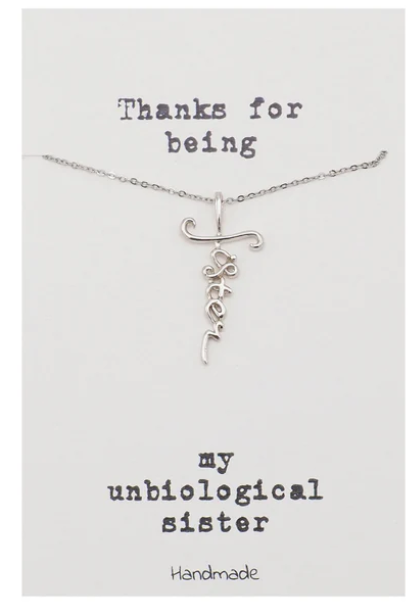 Quinnlyn & Co. Elizabeth Sister Cursive Cross Pendant Necklace, Handmade Gifts for Women with Inspirational Quote on Greeting Card
