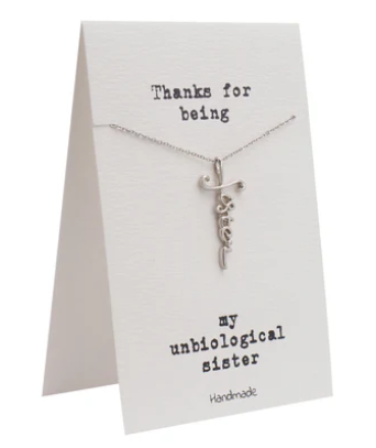 Quinnlyn & Co. Elizabeth Sister Cursive Cross Pendant Necklace, Handmade Gifts for Women with Inspirational Quote on Greeting Card