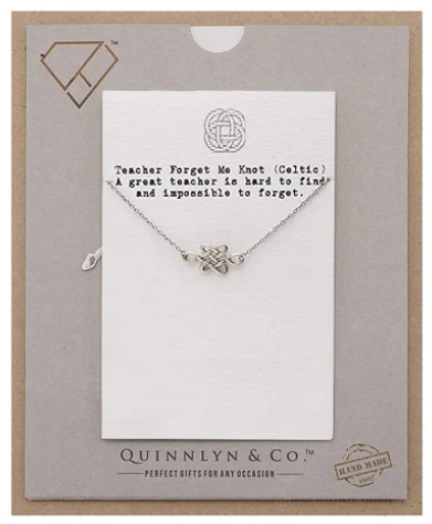 Quinnlyn & Co. Dean Teacher Forget me Knot Teacher Pendant Necklace, Teacher's Day Appreciation Gifts with Inspirational Quote on Greeting Card