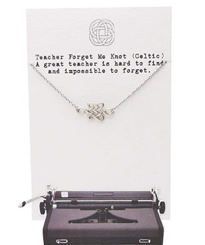 Quinnlyn & Co. Teacher Forget me Knot Teacher Pendant Necklace, Teacher's Day Appreciation Gifts with Inspirational Quote on Greeting Card