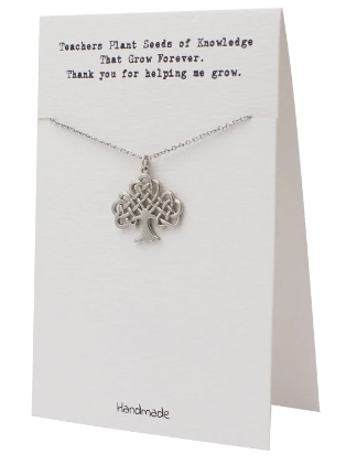 Quinnlyn & Co. Tree of Life Pendant Necklace, Teacher's Day Appreciation Gifts with Inspirational Quote on Greeting Card