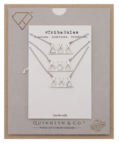Quinnlyn & Co. Jackie Tribe Triangle Necklaces with Lab-Created Opal Pendants, Handmade Gifts for Women with Inspirational Quote on Greeting Card, Set of 3