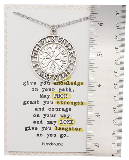 Quinnlyn & Co. Viking Compass Pendant Necklace, Thor Inspired Handmade Gifts for Men with Inspirational Quote on Greeting Card