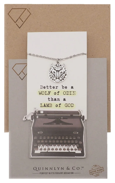 Quinnlyn & Co. Norse Wolf of Odin Pendant Necklace, Handmade Gifts for Women with Inspirational Quote on Greeting Card