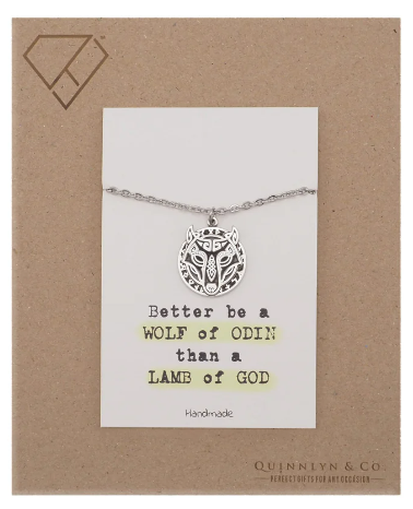 Quinnlyn & Co. Norse Wolf of Odin Pendant Necklace, Handmade Gifts for Women with Inspirational Quote on Greeting Card
