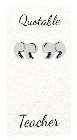 Quinnlyn & Co Silver Quotation Mark Stud Earrings, Appreciation Gift for Teachers, Unique Presents for Readers, Writers and Book Lovers, Bookish Jewelry