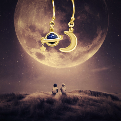 Luna NASA Saturn with Star and Moon Stud Earrings, Travel, Exploration Gifts, Unique Present for Space, Moon and Planet Lovers