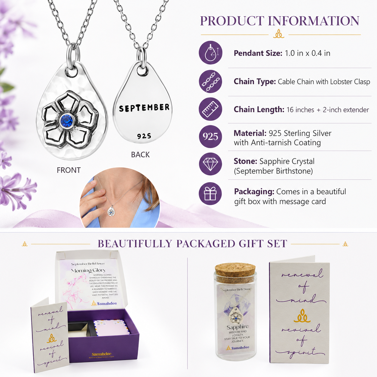 Milan Birthstone Necklaces Collection by Samahdee, Rings, Earrings: Handmade Flower Pendant with Colored Crystal - Gift for Mom, Daughter, BFF, Sister, Granddaughter, Niece