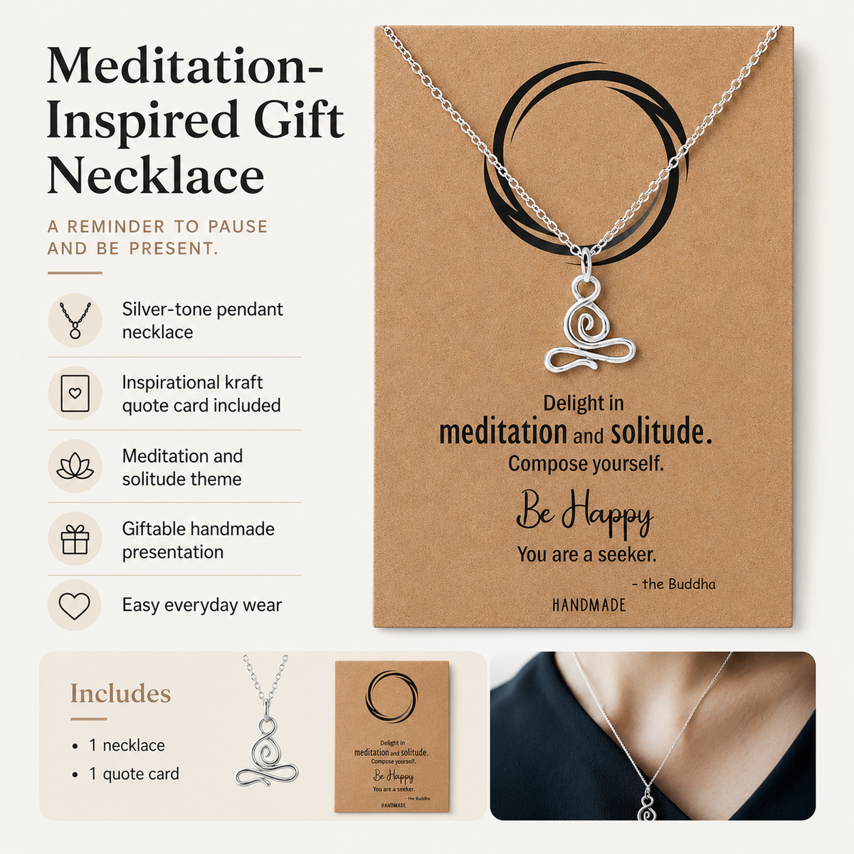 Asana Lotus Yoga Buddha Necklace with Inspirational Quote Card, Yoga Hindu Spiritual Amulet Jewelry, Gifts for Women