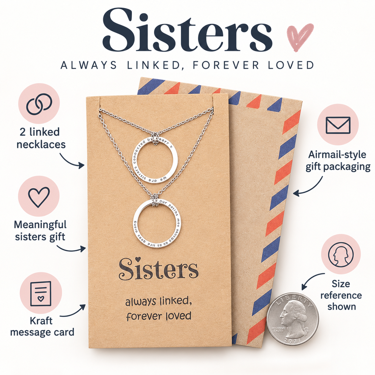 Rosanne Sisters Set of 2 Matching Necklaces with Engraved Ring Pendants, Gifts for Sisters