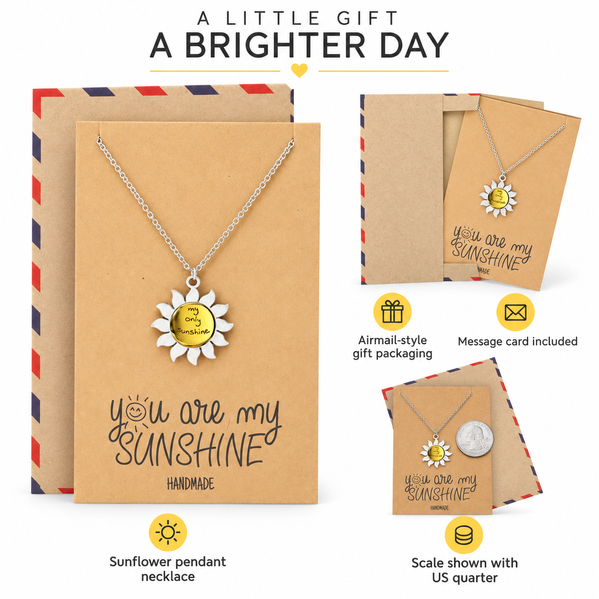 Finley You are My Only Sunshine Necklace for Women, Best Friend Gifts and Greeting Card