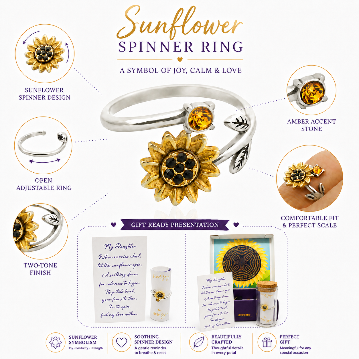 Gold-Plated Sunflower Spinner Ring - Stress Relief Fidget Jewelry for Self-Care, Friends, and Loved Ones