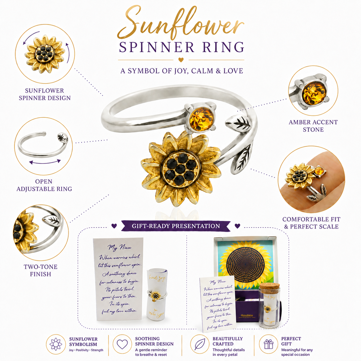 Gold-Plated Sunflower Spinner Ring - Stress Relief Fidget Jewelry for Self-Care, Friends, and Loved Ones