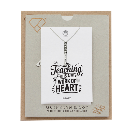 Liora Teach Love Inspire Bar Pendant Necklace with Crystal, Handmade Teacher Appreciation Gifts for Women with Inspirational Greeting Card, Silver-Tone
