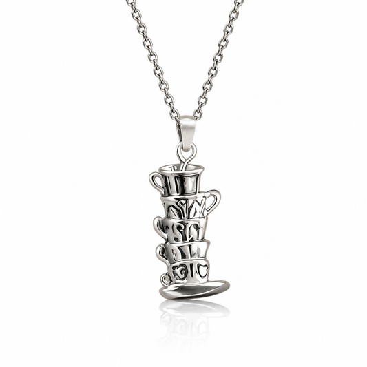 Cherry Stack of Tea Cups Pendant Necklace with Inspirational Quote