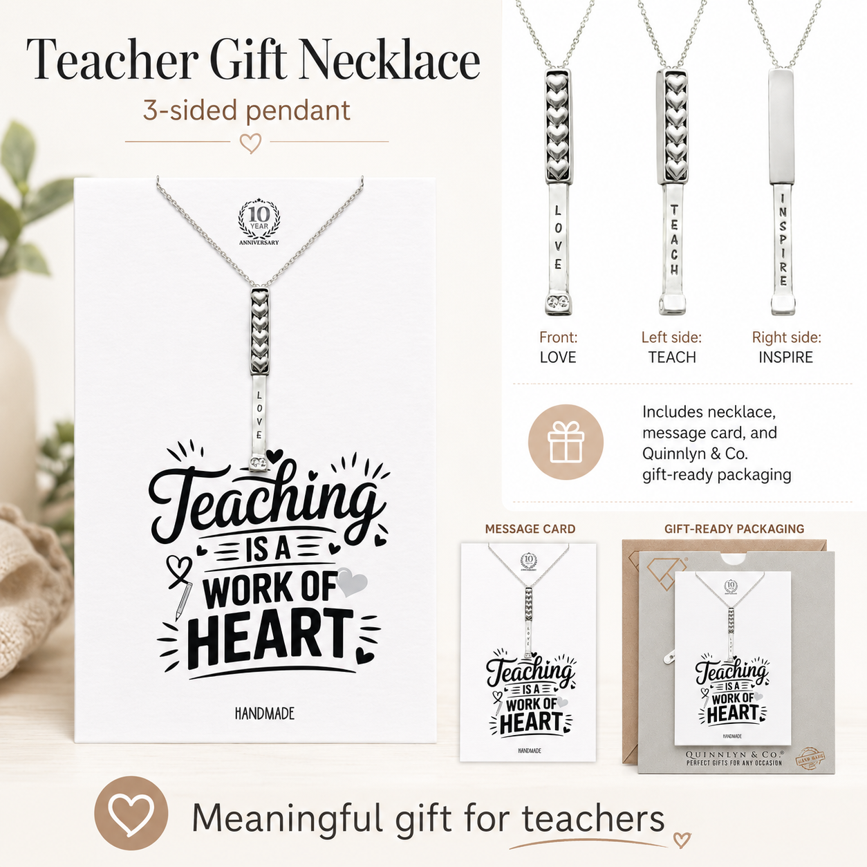 Liora Teach Love Inspire Bar Pendant Necklace with Crystal, Handmade Teacher Appreciation Gifts for Women with Inspirational Greeting Card, Silver-Tone